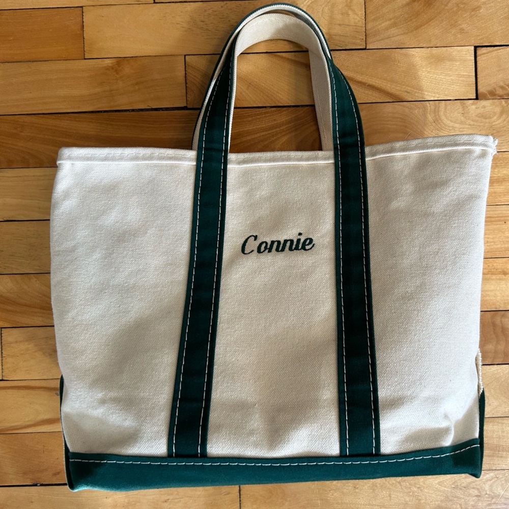 LL Bean Boat and Tote bag green off white cotton canvas embroider Connie medium